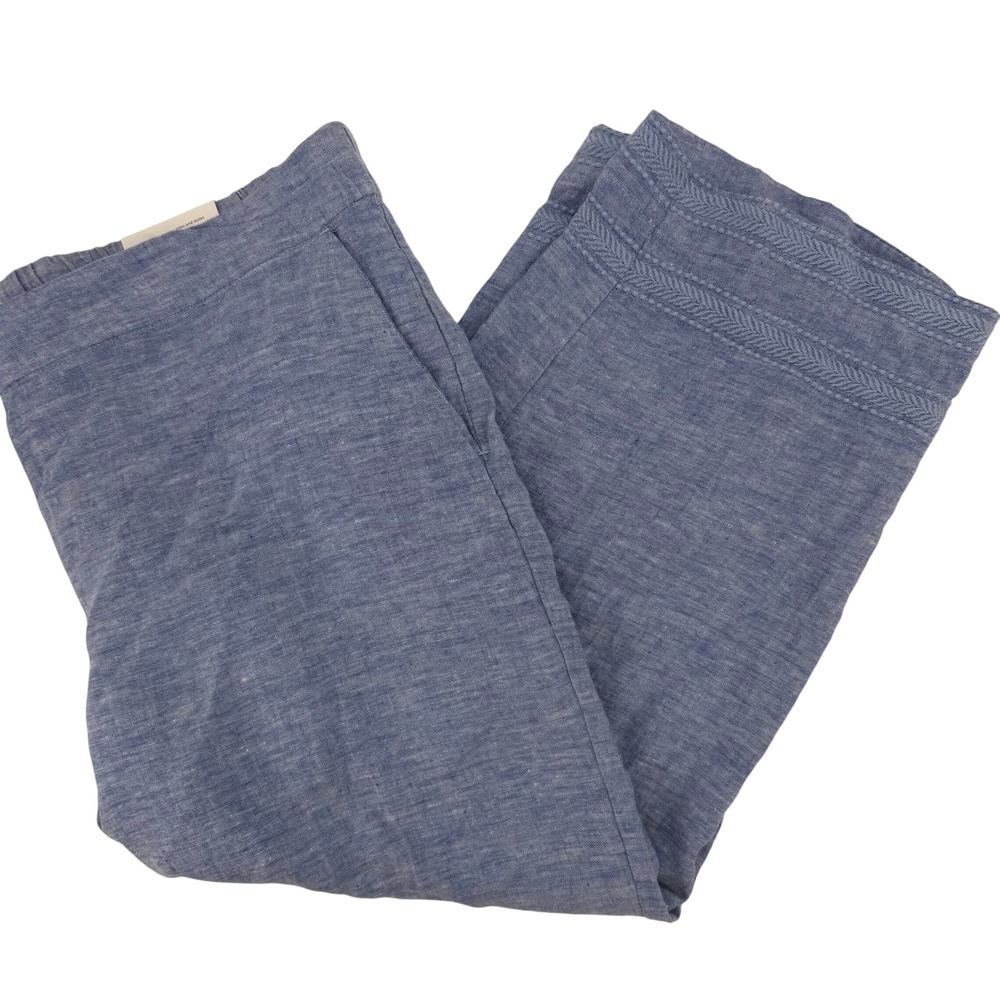 Chico's Blue Linen Embroidered Crop Pants Straight Leg Elastic Waist Size 3.5 18